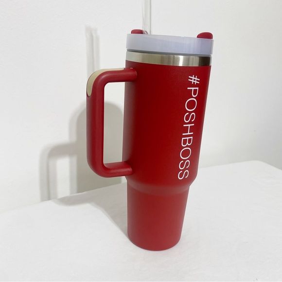 POSHBOSS Stanley-like Steel Tumbler Cup Thermos Handle & Straw Red Poshswag 40oz - Picture 10 of 11